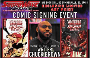 NC – Vampirella vs Red Sonja Red City Signing | Aug 29th Comic signing event poster featuring writer Chuck Brown, covers of “Vampirella vs. Red Sonja,” event details, and store contact information.