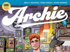 OR – Archie #1 Variant Signing | Sept 5th Comic book cover featuring a red-haired young man pointing to himself, standing beside a bearded man in a cap, with posters and merchandise in the background. Event details appear at the bottom.