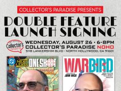 CA – Double Feature Launch Signing | Aug 26th Poster for a double feature comic signing event with writers Gerry Duggan and Derek Kolstad at Collector’s Paradise NoHo on August 26, 6–8 PM. Event details and comic covers are shown.