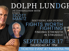 CA – Dolph Lundgren Signing | Sept 17th Promotional poster for a book event with Dolph Lundgren and Scott Mantz, featuring a book cover, date, time, and event location at Pasadena Presbyterian Church.