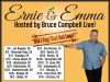 Ernie & Emma Screening + Q&A Tour Promotional poster for “Ernie & Emma Hosted by Bruce Campbell Live!” with tour dates and cities listed, featuring Bruce Campbell standing and pointing next to the event details.