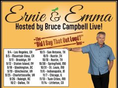 Ernie & Emma Screening + Q&A Tour Promotional poster for “Ernie & Emma Hosted by Bruce Campbell Live!” with tour dates and cities listed, featuring Bruce Campbell standing and pointing next to the event details.