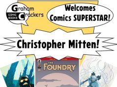 IL – Christopher Mitten Signing | Aug 12th Poster announcing comic book artist Christopher Mitten’s store signings on August 12 at Graham Crackers Comic Books in Wheaton and Downers Grove, with artwork samples displayed.