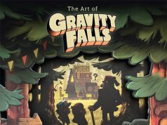 CA – Art of Gravity Falls Signing | Sept 26th Book cover of “The Art of Gravity Falls” featuring silhouettes of three characters approaching the Mystery Shack, framed by illustrated trees and forest elements.