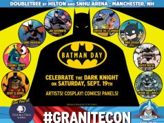 Celebrate Batman Day at GraniteCon Promotional poster for Granitecon 2026 featuring Batman Day, guest artists, and event details for Manchester, NH, September 18-20.