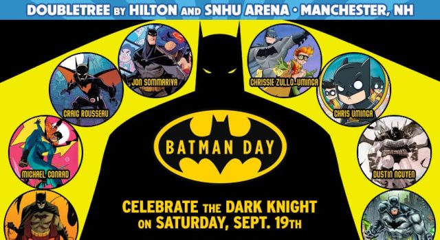 Celebrate Batman Day at GraniteCon Promotional poster for Granitecon 2026 featuring Batman Day, guest artists, and event details for Manchester, NH, September 18-20.