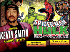 NJ – Spider-Man/Hulk: Fire & Brimstone Signing | Aug 22nd Poster for a Kevin Smith signing event on Saturday, August 22, featuring Spider-Man and Hulk, titled “Fire and Brimstone.” Event runs from 12 pm to 5 pm; line may be capped early.