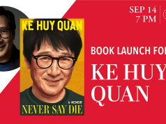 NYC – Never Say Die Signing | Sept 14th Book launch event poster for Ke Huy Quan’s memoir “Never Say Die,” with his photo, book cover, and event date: September 14 at 7 PM at Strand Bookstore.
