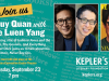 CA – An Evening with Ke Huy Quan | Sept 23rd Event poster featuring photos of Ke Huy Quan and Gene Luen Yang, promoting Quan’s memoir “Never Say Die” with event details for September 23 at 7 pm at Santa Clara Convention Center Theater.