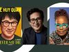 MD – An Evening with Ke Huy Quan | Sept 17th A book cover of “Never Say Die” by Ke Huy Quan, a portrait of Ke Huy Quan in glasses, and a woman in glasses with braided hair against a blue background.