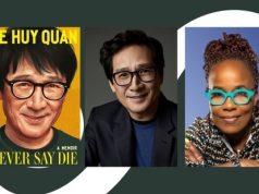 MD – An Evening with Ke Huy Quan | Sept 17th A book cover of “Never Say Die” by Ke Huy Quan, a portrait of Ke Huy Quan in glasses, and a woman in glasses with braided hair against a blue background.