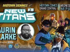 NYC – New Titans #38 Signing | Aug 19th Promotional banner for a Midtown Comics signing event with Taurin Clarke for “New Titans #38,” featuring comic characters and event details for August 19, 5 PM.