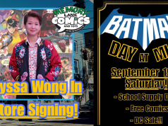NC – Alyssa Wong Signing | Sept 19th Alyssa Wong stands in front of comic book art; event poster promotes Batman Day at Memory Lane Comics with signings, free comics, and a school supply drive on September 19th.