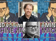 CA – Mind vs Machine Signing | Sept 12th Collage: two “Mind vs. Machine” book covers with chess illustrations, and headshots of authors Steve Sheinkin and Thien Pham placed between them.