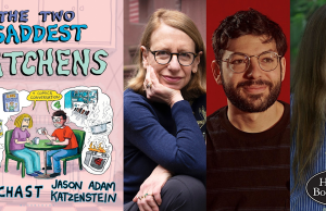 MA – The Two Saddest Kitchens Signing | Oct 5th Book cover of “The Two Saddest Kitchens” beside portraits of three people and the Harvard Book Store logo on a black oval shape.