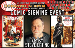 SC – Hammerfist #1 Signing | Aug 29th Comic signing event flyer featuring artist Steve Epting, comic covers, event details, and promotion for exclusive art print at Scratch N Spin on August 29th from 12–2 PM.