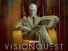 Meet the Vision at NYCC 2026 on Oct 9th A man in a suit with blue skin and a glowing forehead sits in a chair reading a newspaper. The title “Vision Quest” and the Marvel Television logo are visible at the bottom.