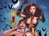 TN – Witchblade/Vampirella #1 Variant Signing | Aug 29th Two women in fantasy costumes pose under a full moon, surrounded by flying bats; one holds a candle with a dragon holder, the other has long hair and a black, tattered outfit with red gems.