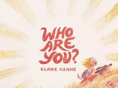 Book cover with sun rays, a child and a dog running through grass, and the title “Who Are You?” by Claire Keane in red text.