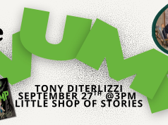 GA – The Wump Signing | Sept 27th Promotional flyer for “The Wump” event with Tony DiTerlizzi on September 27th at 3 PM at Little Shop of Stories, featuring book cover and author photo.
