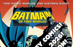 OR – Batman of Two Worlds Signing | Sept 19th Comic book cover featuring two versions of Batman fighting, with bold text promoting “Cosmic Monkey Comics! September 19, 2026! w/ Matt Fraction! 12, 2PM!” against a starry background.
