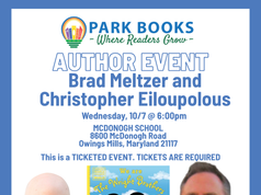 MD – We Are The Wright Brothers Signing | Oct 7th Author event flyer for Brad Meltzer and Christopher Eliopoulos at McDonogh School, Owings Mills, Maryland on Wednesday, 10/7 at 6pm. Ticketed event; tickets required. Book cover featured.