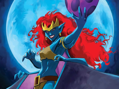 CA – Gargoyles Signing | Sept 26th Blue-skinned, red-haired winged character with a crown stands confidently in front of a full moon, holding a purple orb aloft.