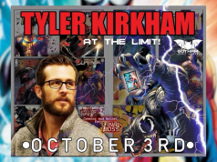 FL – Amazing Spider-Man #1000 Variant Signing | Oct 3rd A man with glasses stands in front of comic book art featuring a muscular hand holding a card. Text reads “Tyler Kirkham At The Limit! October 3rd.”.