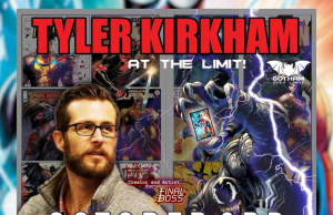 FL – Amazing Spider-Man #1000 Variant Signing | Oct 3rd A man with glasses stands in front of comic book art featuring a muscular hand holding a card. Text reads “Tyler Kirkham At The Limit! October 3rd.”.