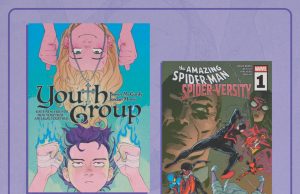 VA – Jordan Morris Signing | Sept 9th Event poster for a comic signing with Jordan Morris, featuring the covers of “Youth Group” and “Spider-Verse,” with event details and website for more information.
