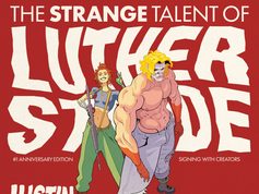 MD – Luther Strode Anniversary Signing | Oct 17th A comic book cover shows a muscular man with blond hair and a woman with red hair, both in colorful outfits, standing in front of large stylized text promoting an event.