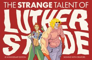 MD – Luther Strode Anniversary Signing | Oct 17th A comic book cover shows a muscular man with blond hair and a woman with red hair, both in colorful outfits, standing in front of large stylized text promoting an event.