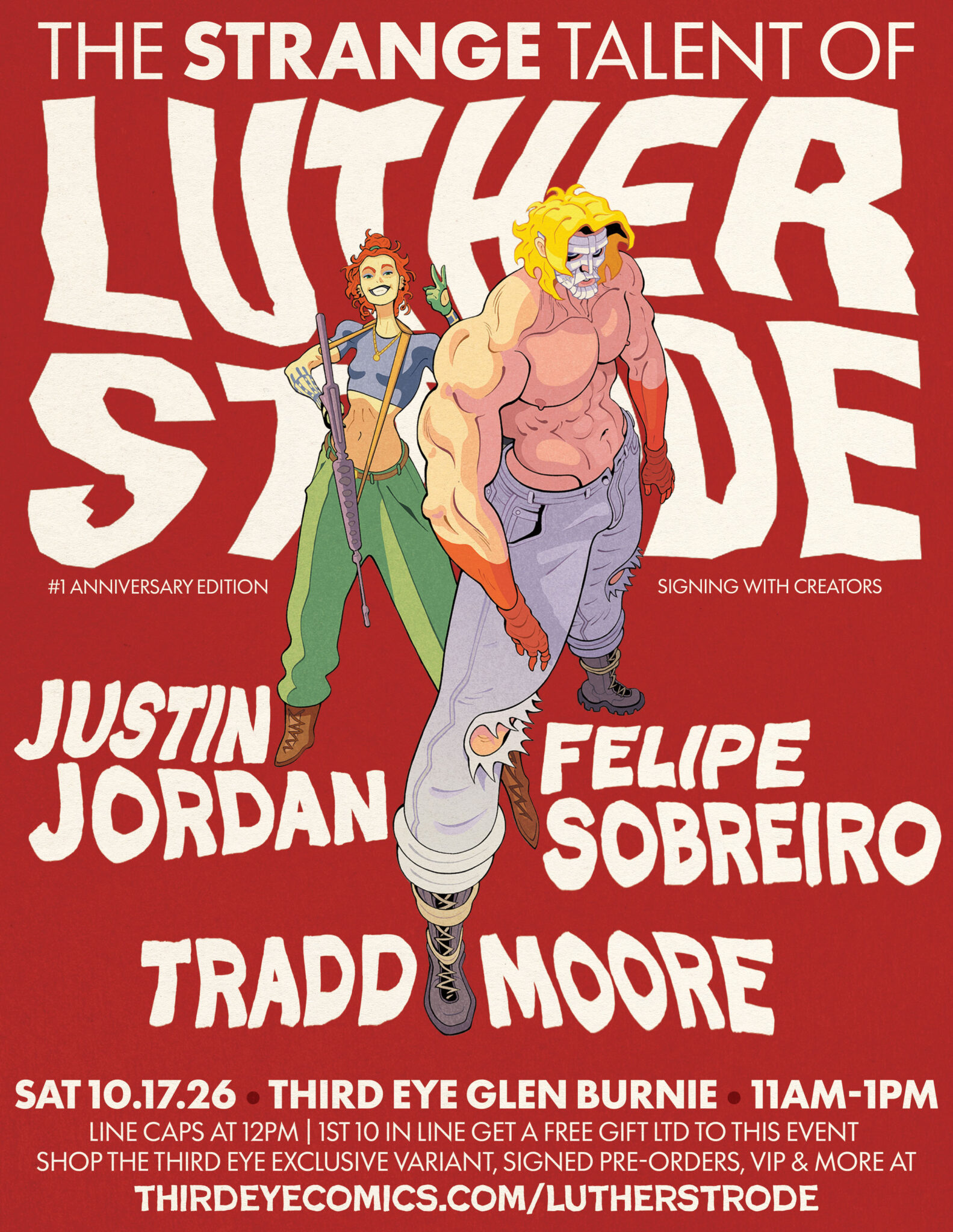 A comic book cover shows a muscular man with blond hair and a woman with red hair, both in colorful outfits, standing in front of large stylized text promoting an event.