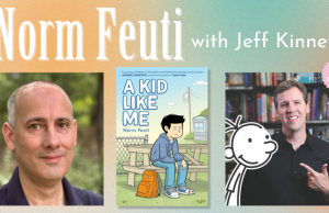 MA – A Kid Like Me Signing | Sept 26th Author Norm Feuti, the cover of his book “A Kid Like Me,” and Jeff Kinney stand together with event details “9/26 6:30pm” on a pastel background.