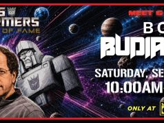 MN – Bob Budiansky Signing | Sept 12th Transformers Hall of Fame meet and greet with Bob Budiansky on September 12th, 10AM-5PM, at Most Wanted Comics. Background features Transformers characters in space.
