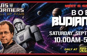 MN – Bob Budiansky Signing | Sept 12th Transformers Hall of Fame meet and greet with Bob Budiansky on September 12th, 10AM-5PM, at Most Wanted Comics. Background features Transformers characters in space.