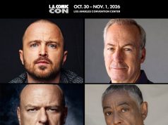 Bob Odenkirk Joins Breaking Bad Reunion at LACC 2026 Four actors from Breaking Bad are featured above event details for a cast reunion at L.A. Comic Con, Oct. 30 - Nov. 1, 2026, with autographs and photo ops listed.