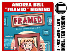 IL – Framed Signing | Sept 26th Promotional poster for “Framed” book signing with author Andrea Bell, featuring book cover art, event details, and a photo of Andrea Bell.