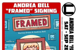 IL – Framed Signing | Sept 26th Promotional poster for “Framed” book signing with author Andrea Bell, featuring book cover art, event details, and a photo of Andrea Bell.