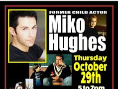 NH – Miko Hughes Signing | Oct 29th Event poster for a Halloween signing with former child actor Miko Hughes on October 29th, 5-7pm at Pop Culture store, featuring photo and autograph pricing details.
