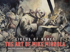 NYC – Circus of Bones Exhibition Opening | Sept 17th A skeleton writes in a book amid bones and skulls. Text reads: “Circus of Bones: The Art of Mike Mignola, Philippe Labaune Gallery, September 17–October 24, 2026.”.