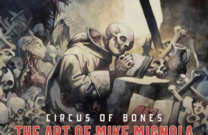 NYC – Circus of Bones Exhibition Opening | Sept 17th A skeleton writes in a book amid bones and skulls. Text reads: “Circus of Bones: The Art of Mike Mignola, Philippe Labaune Gallery, September 17–October 24, 2026.”.