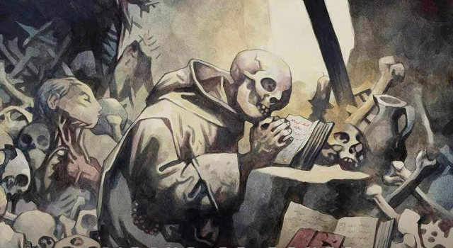 NYC – Circus of Bones Exhibition Opening | Sept 17th A skeleton writes in a book amid bones and skulls. Text reads: “Circus of Bones: The Art of Mike Mignola, Philippe Labaune Gallery, September 17–October 24, 2026.”.