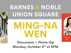 NYC – Ming-Na Wen Q&A | Oct 5th Event banner for Barnes & Noble Union Square featuring Ming-Na Wen and her book “Have You Eaten Yet?” with event details for a discussion and photo-op on Monday, October 5th at 6PM.