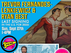 MA – Pocket Watch Press Signing | Sept 27th Two men at a comic book signing table with posters, event details, and superhero artwork in the background. Text highlights a last signing event on September 27 in Cambridge, Massachusetts.