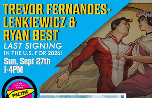 MA – Pocket Watch Press Signing | Sept 27th Two men at a comic book signing table with posters, event details, and superhero artwork in the background. Text highlights a last signing event on September 27 in Cambridge, Massachusetts.
