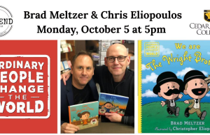 PA – We Are the Wright Brothers Signing | Oct 5th Event promo for authors Brad Meltzer and Chris Eliopoulos at Cedar Crest College, featuring book covers and a photo of the authors holding their works.
