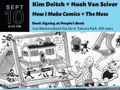 MD – Kim Deitch + Noah Van Sciver Signing | Sept 10th Poster for a comic book signing event with Kim Deitch and Noah Van Sciver, featuring illustrated comic scenes and event details for September 10 at People’s Book in Takoma Park, Maryland.