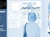 NYC – Identical Signing | Sept 29th A person looks at a bulletin board with infertility and IVF ads. Event details for Leah Hayes’ “Identical” conversation on Sept 29, 6:30 PM, Society of Illustrators, NYC, appear on the left.