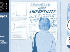 NYC – Identical Signing | Sept 29th A person looks at a bulletin board with infertility and IVF ads. Event details for Leah Hayes’ “Identical” conversation on Sept 29, 6:30 PM, Society of Illustrators, NYC, appear on the left.